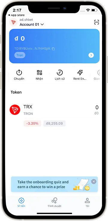 Bước 8: Vào giao diện ví và chọn "Account Tron" ở gốc trên bên trái, để lấy mã ví TRC20.